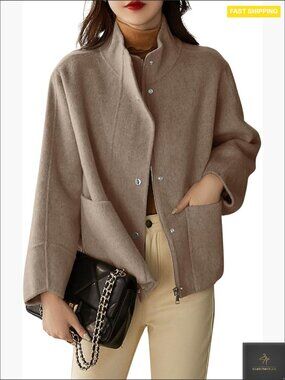 Wool Pea Coat Classic Stand Collar Casual Chic Vintage Overcoat with Pockets